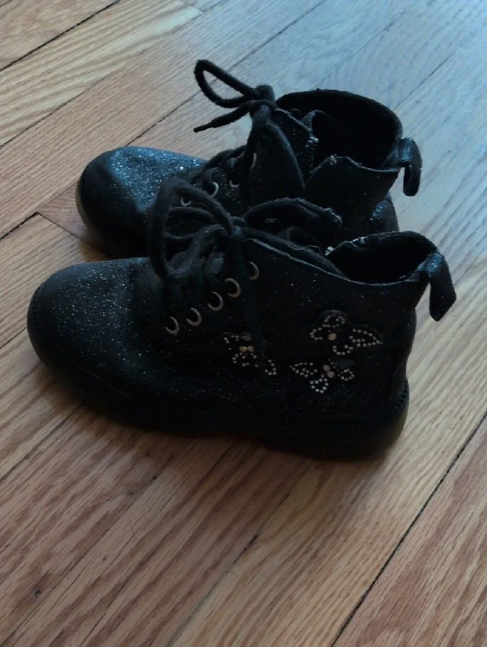 Kids Black Glitter Lace-Up Ankle Boots With Butterflies‎ Size 10